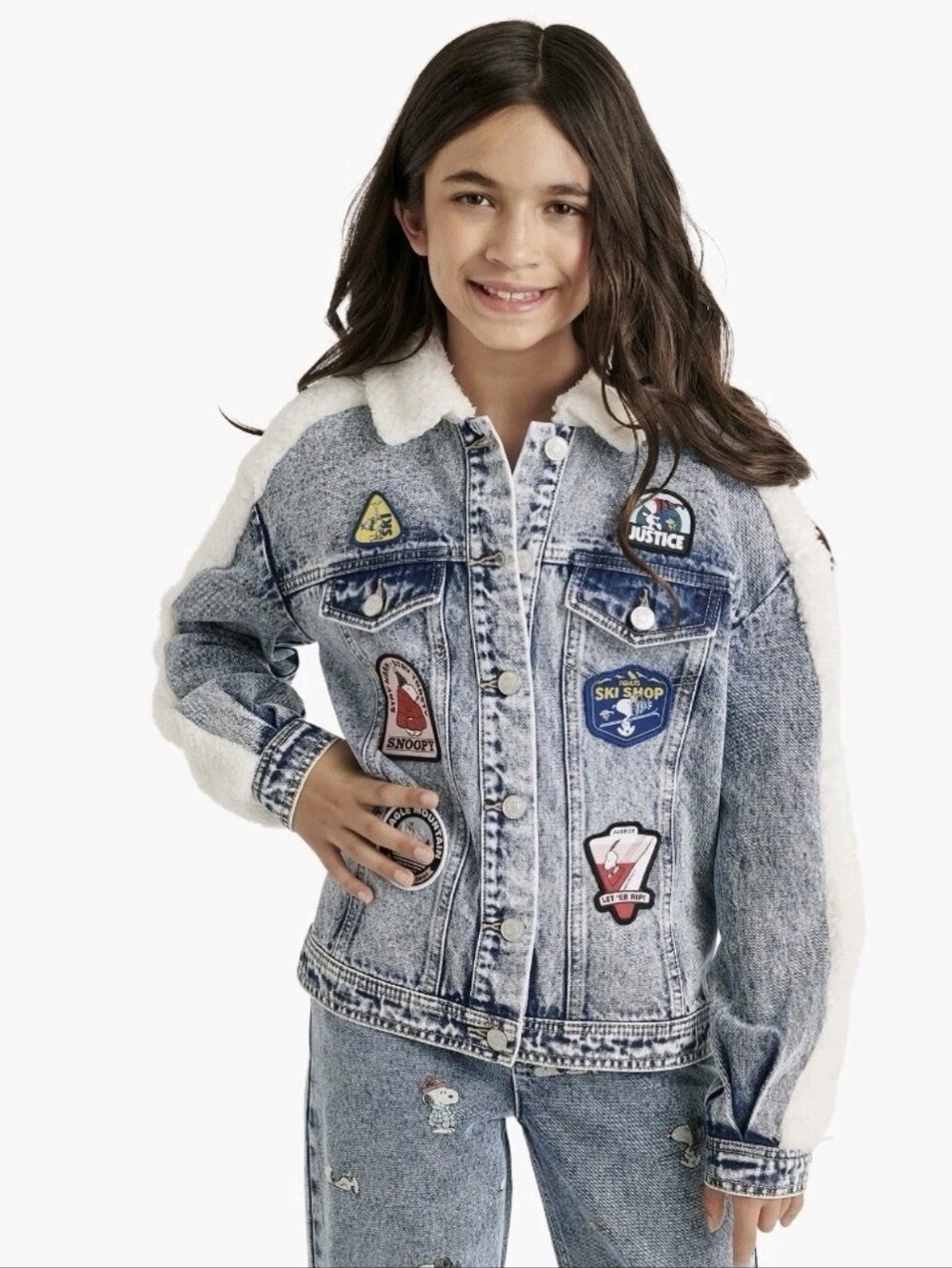 Justice x Snoopy Girls Acid Wash Patchwork and Sherpa Denim Jacket NWOT